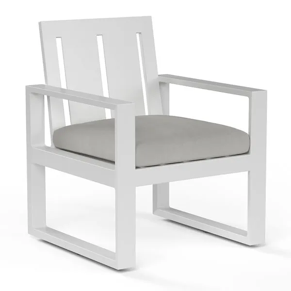 Newport Dining Chair with wide slat back and linear satin white powder coated aluminum frame, grey seat cushion