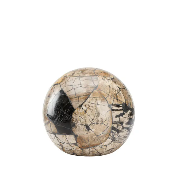 Large decorative sphere crafted from polished petrified wood with natural beige, black, and brown patterns