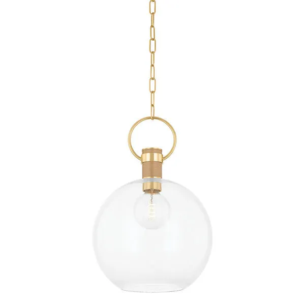 Catrine 1-Light Pendant with a large clear glass globe, aged brass oversized pin and loop, and grass cloth wrap on the pin