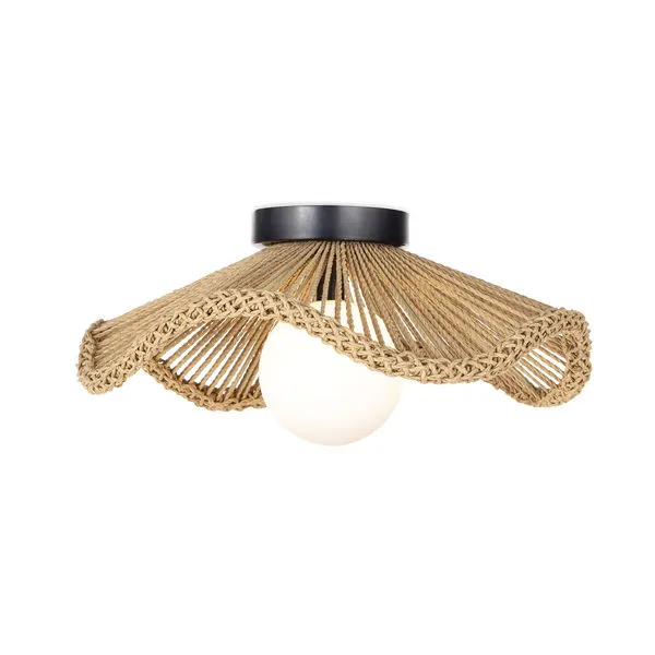 Ceiling flush mount light with twisted rope shade and white glass globe center in a wavy braided edge design