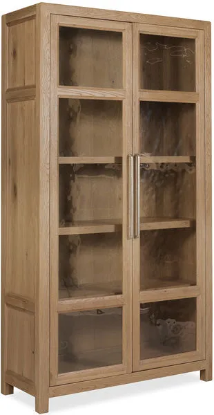 Driftwood display cabinet in warm buckboard finish with seeded glass doors and four adjustable shelves