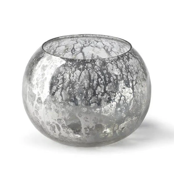 Round decorative Votive Bowl with an antique mercury glass finish and mottled silver-gray pattern