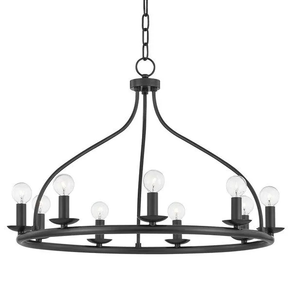 Kendra 9 Light Chandelier in black steel with circular frame and exposed bulbs on short candle-like holders