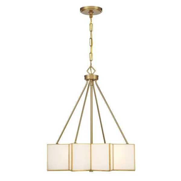 Reiling 3-light pendant light with warm brass starburst frame and three white glass panes
