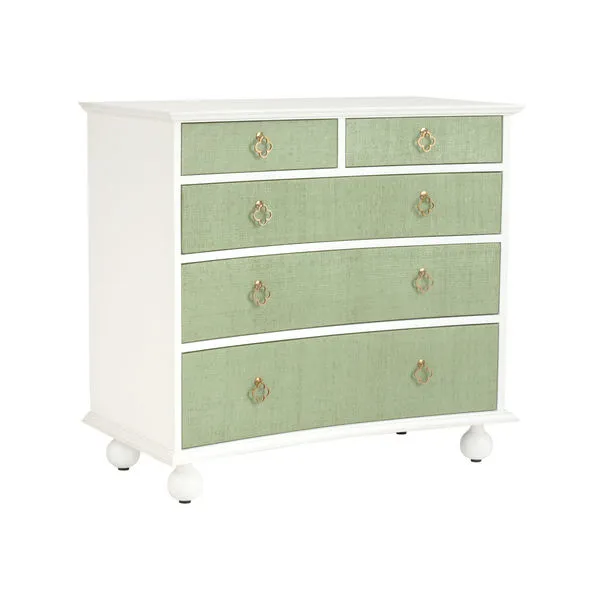Maxwell Chest with five green raffia-wrapped drawers, white wooden frame, ball feet, and antique brass hardware