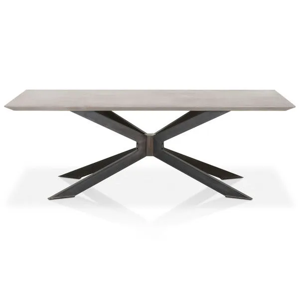 Industry Rectangle Dining Table with ash gray concrete top, black iron pedestal base and central solid wood accent