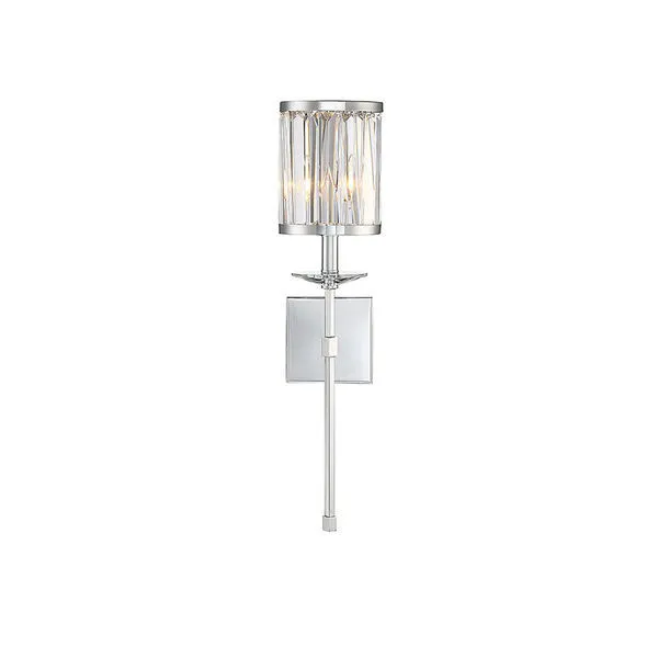 Ashbourne 1 Light Wall Sconce with polished chrome finish and clear rectangular crystal shade on a long rectangular arm