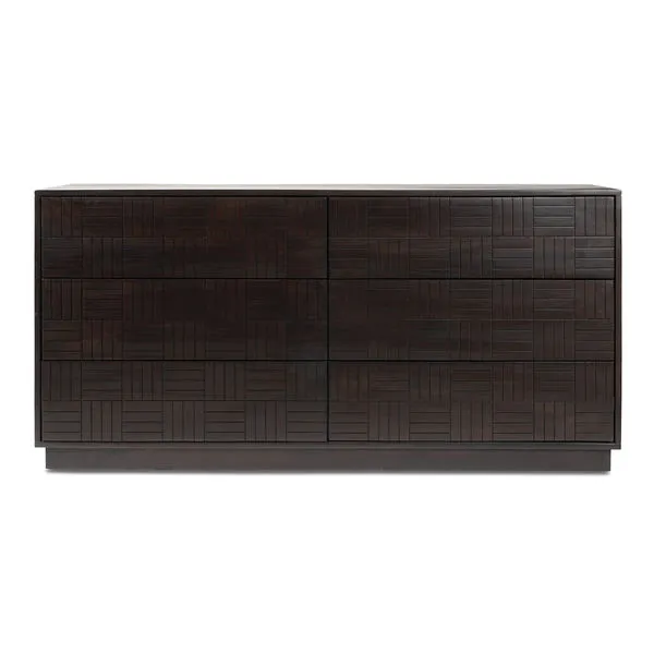 Denman 6 Drawer Dresser in dark wood with parquet-style woodgrain facade and flat base