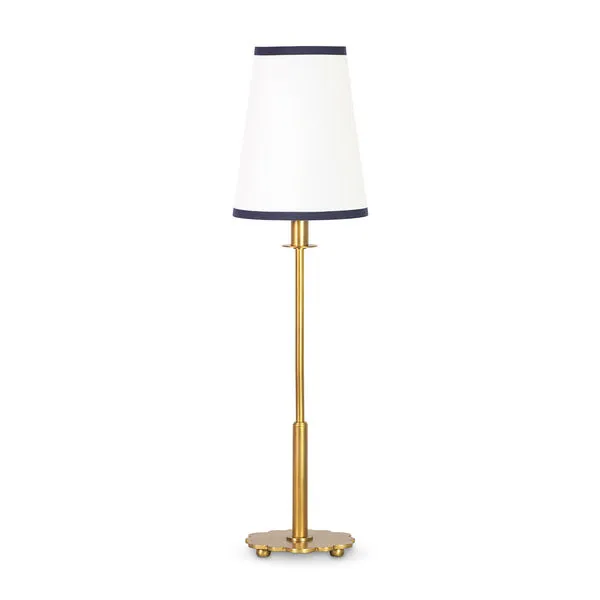 Daisy Buffet Lamp with natural brass daisy-shaped base and white linen shade with navy trim