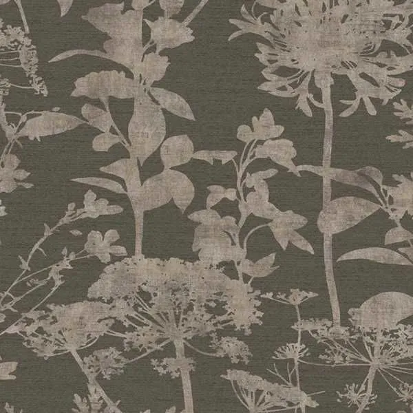 Esther Wallpaper in Chocolate with large beige umbellifer floral pattern and cotton effect texture