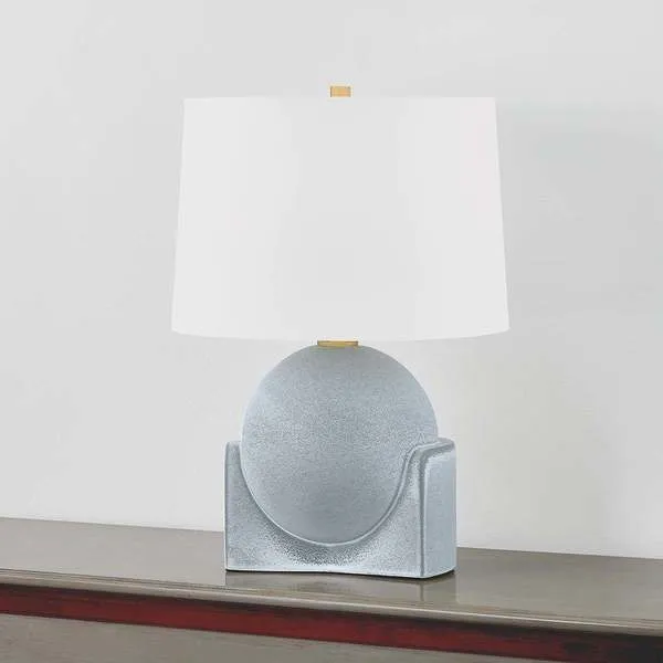Leeston Tall Table Lamp with spherical ceramic base carved from a block, soft matte blue glaze, and white drum shade