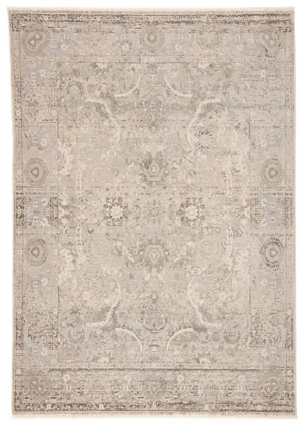 Vintage style rectangular rug in gray, cream, taupe with distressed floral medallion and border pattern