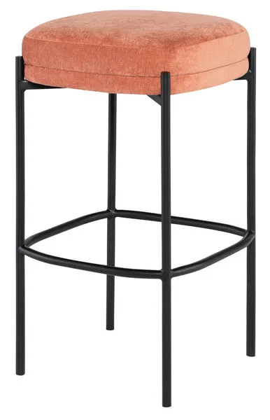Inna Backless Bar Stool with plush rust-colored stuffed seat and matte black metal legs with footrest