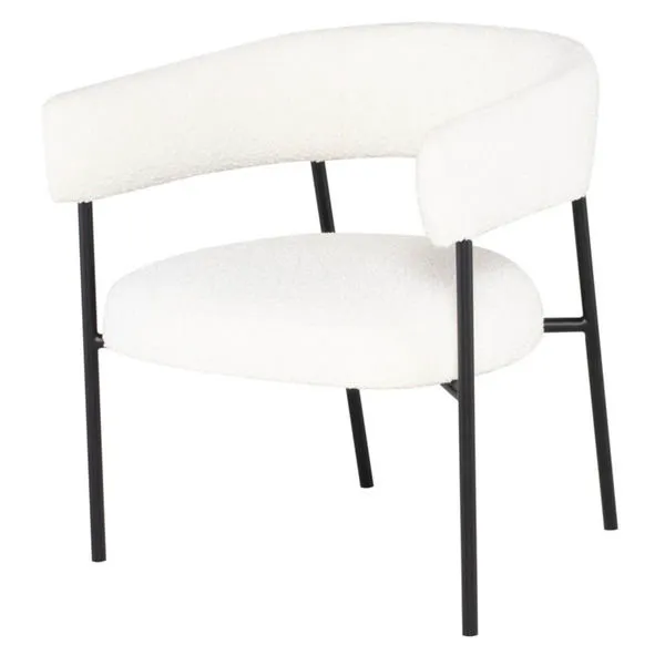 Cassia occasional chair with rounded backrest and softly padded white boucle seat on black metal legs