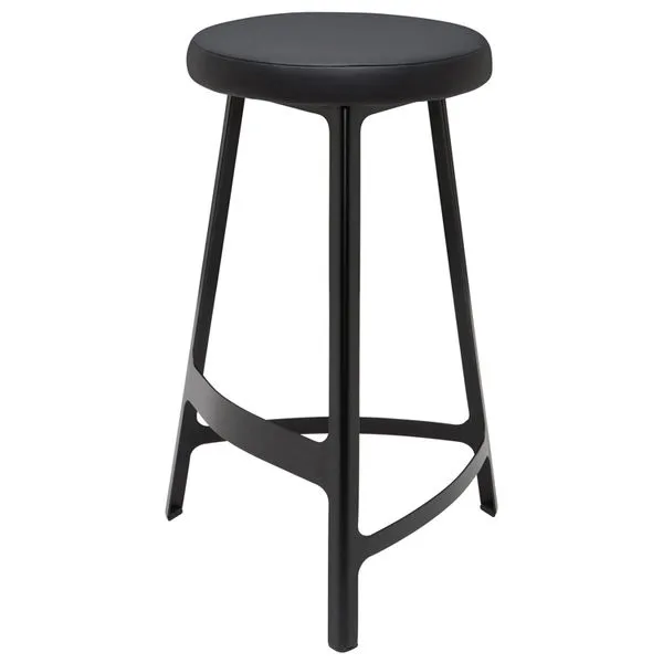Hyku Counter Stool with sleek black finish, round cushioned seat, and triangular metal legs with footrest