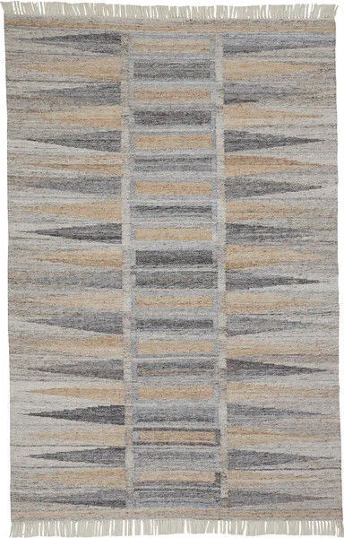 Beckett Latte Tan and Gray Mosaic Rug with geometric diamond and stripe pattern, fringed edges, 5 by 7 feet