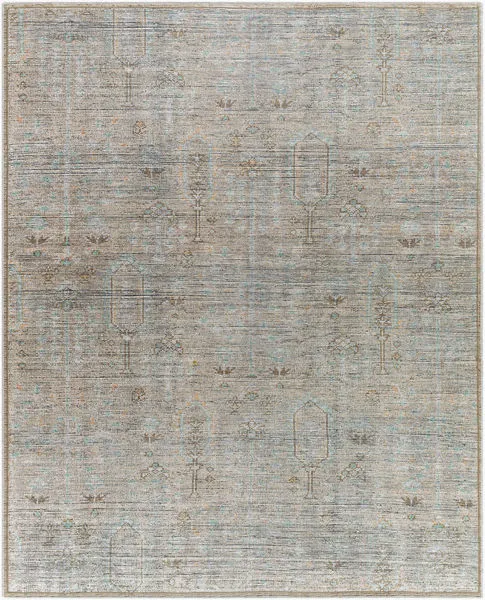 Darling Olive machine woven area rug with irregular vintage-inspired geometric and floral pattern in muted olive and beige...