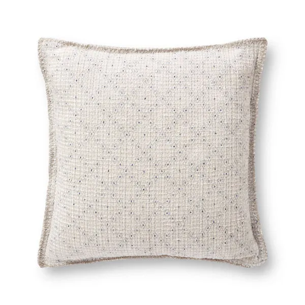 Square Liv pillow in ivory and blue with textured woven fabric and frayed edges, 18x18 inches