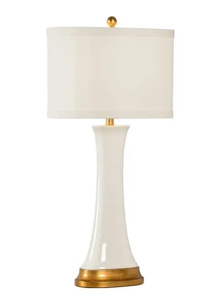 White glazed porcelain table lamp with a slender flared base and antique gold leaf composite base
