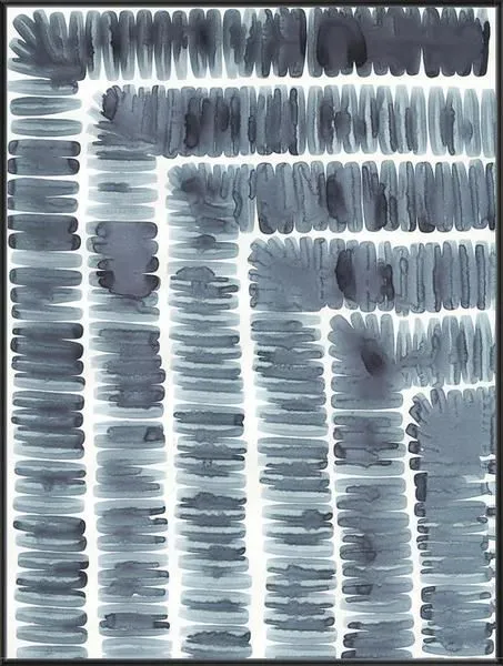 abstract painting with irregular dark blue brush strokes arranged in concentric rectangular patterns on a white background
