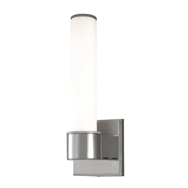 Single light bath bracket with cylindrical matte opal glass shade and knurled metal ring on polished rectangular wall plate
