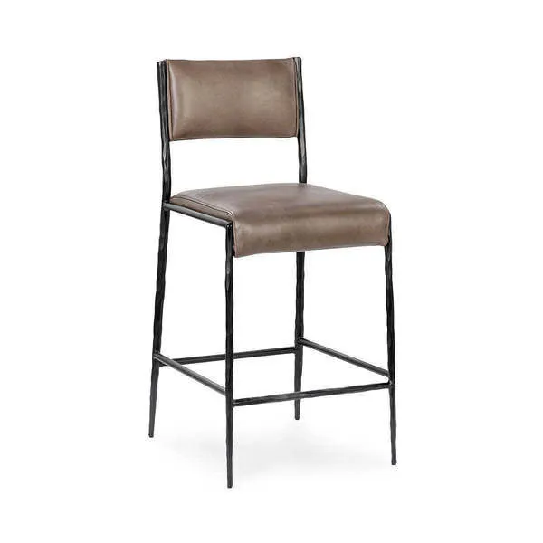 Kayne leather counter stool with top grain leather seat and back on hammered metal frame in neutral brown tone