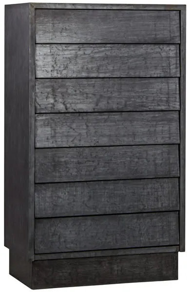 Tall 7-drawer dresser in dark gray Old Wood with a smooth galvanized steel frame and a solid rectangular base