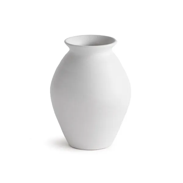 Hand-thrown terracotta vase with white uneven matte glaze and subtle horizontal ribbing, bulbous shape with flared rim