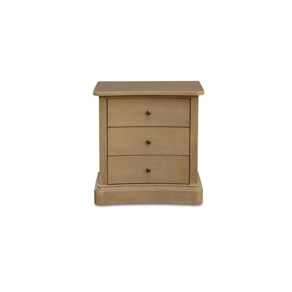 Clarence Nightstand with three curved-front drawers, brass knobs, curved base in light wood finish