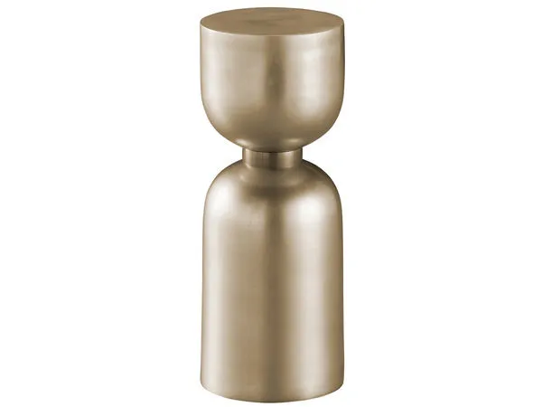 End table with elongated hourglass shape in smooth silver leaf finish and antique satin brass collar