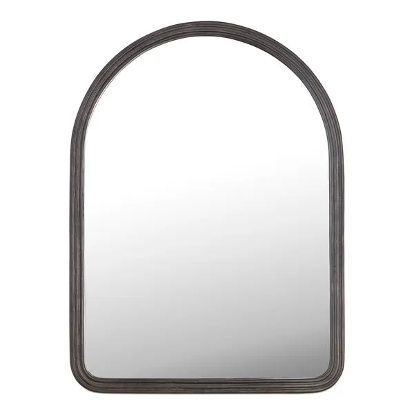 Minimalist arched Granger mirror with channeled black finish frame featuring subtle texture and color variations