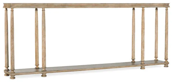 Slim Vera Cruz Console Table with eight slender twisted legs, oak veneer with light reclaimed wood finish and one fixed lo...