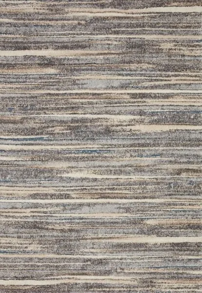 Close-up top-down view highlighting the varied horizontal stripes and color blending on Theory Mist rug