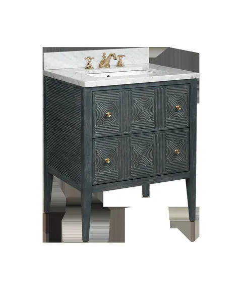 Vintage navy bathroom vanity with rectangular undermount sink, marble countertop, split rattan drawer pattern