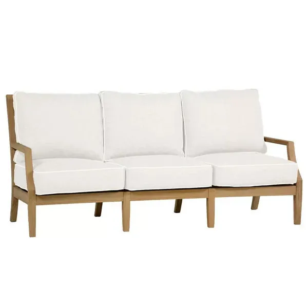 Outdoor Haley Teak Sofa with natural teak frame and white cushions, featuring three seats and armrests
