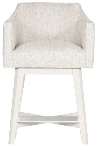 Ian Performance Wood Retro Swivel Base Stool with curved ivory upholstered seat and white wood angled legs with metal foot...