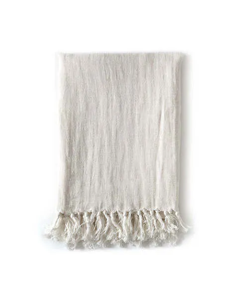 Cream Montauk Linen King Blanket with natural linen texture and fringed tassels on edges