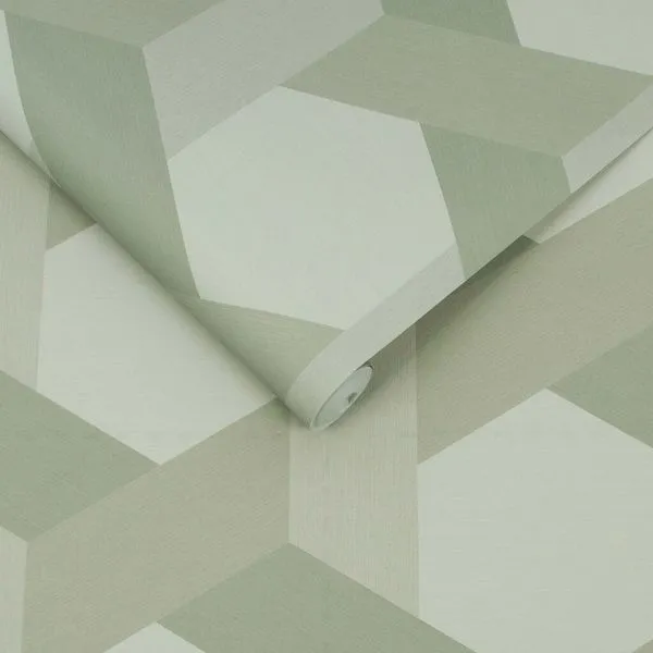 Fractal Sage wallpaper with sage green and muted geometric hexagon pattern on rolled paper.