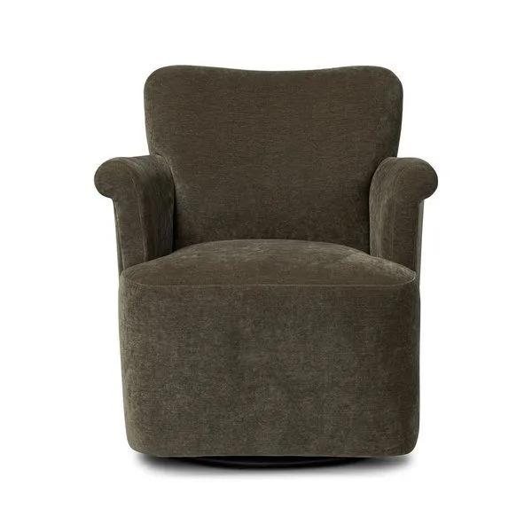 Dark brown Camellia Swivel Chair with sweetheart back and slightly rolled arms in plush upholstery.
