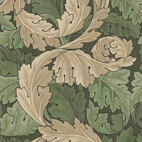 William Morris Acanthus Wallpaper with swirling acanthus leaves in beige and various green shades on dark background