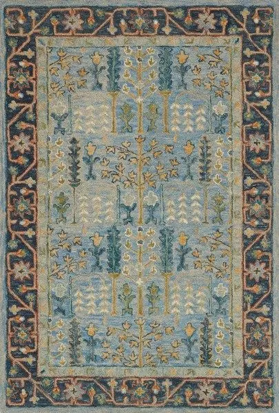 Traditional Victoria rug with light blue field, dark blue floral border, yellow and green botanical patterns