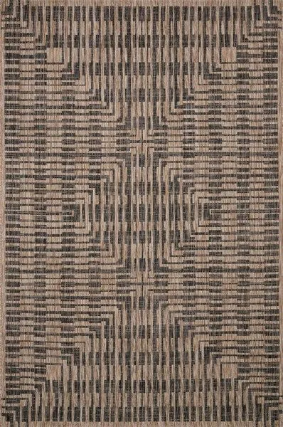 Brown and black indoor/outdoor rug with a geometric pattern of intersecting lines in rectangular shapes