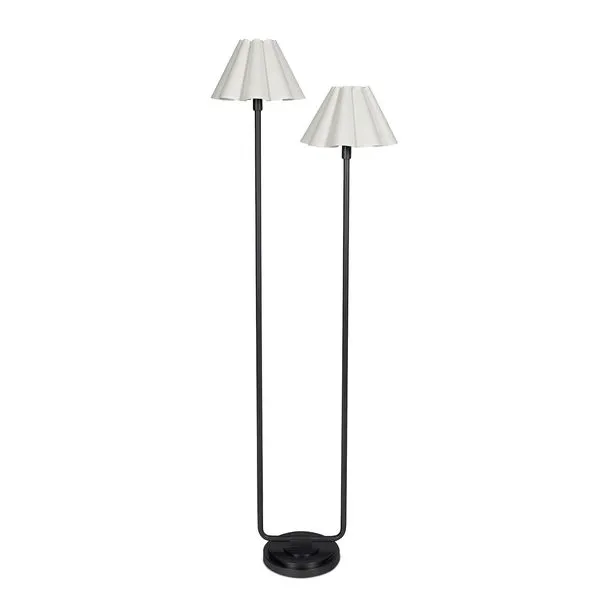 Polly Blackened Brass Floor Lamp with two white scalloped shades on an asymmetrical blackened brass base