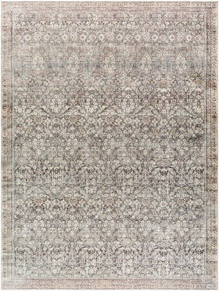 Collins Avenue rust and green woven rug with intricate vintage floral pattern in muted tones
