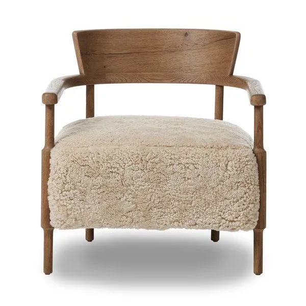 Bennett Chair with solid oak U-shaped frame and natural beige shearling cushion seating