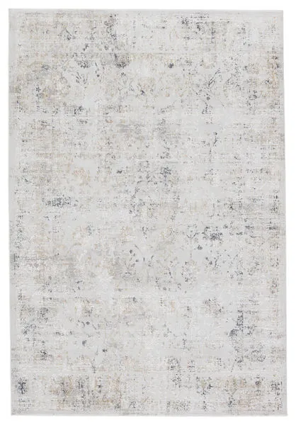 Vida Abstract light gray and gold vintage style rug with floral trellis pattern in tonal hues