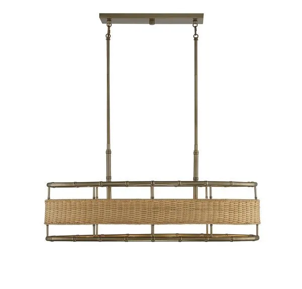 Product Image 3 for Arcadia 4 Light Warm Brass With Natural Rattan Linear Chandelier from Savoy House 