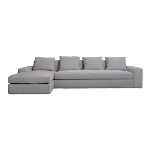 Gray Thomas sectional sofa with oversized structure, wide track arm, bench-style seat, and four removable back cushions