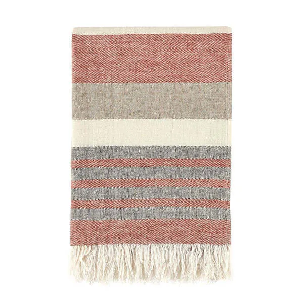 50x70 inch handwoven Belgian linen throw with colorful horizontal stripes in red, gray, beige, and cream with fringed edges
