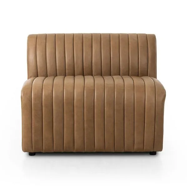 Tan top-grain leather dining banquette with pronounced grain and vertical channeling, chair-and-a-half size